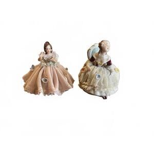 Occupied Japan Vintage Porcelain Lady Figurines with Lace Dresses
